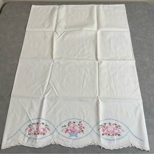 Vintage White and Pink Cross Stitch Embroidered Pillow Case with Crochet Edge